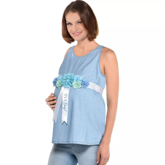 Blue Floral It's a Boy Baby Shower Belly Sash