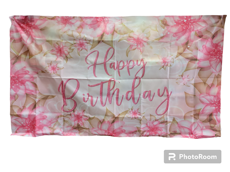 Happy Birthday Pink Flowers  Banner