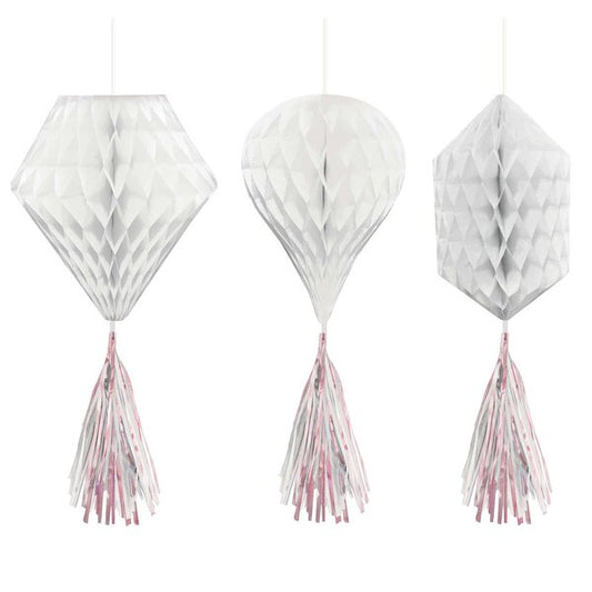 Mini White Hanging Honeycomb Decorations w- Iridescent Tassel 3pc