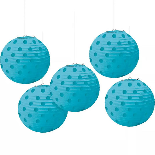 Mini Caribbean Blue Polka Dot Paper Lanterns 5ct