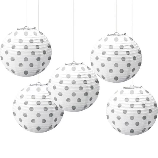 Mini White & Silver Polka Dot Paper Lanterns 5ct