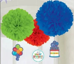 Green, Red & Blue Happy Birthday Fluffy Decorations 3pc