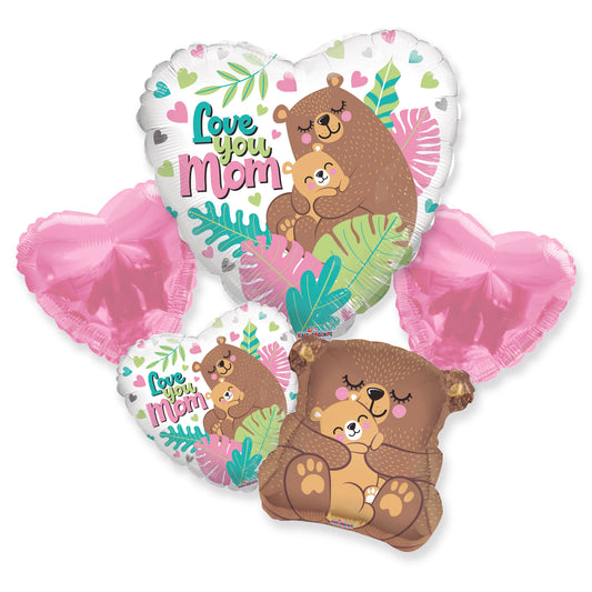 ConverUSA Love You Mom Bear Balloon Bouquet 5Pc
