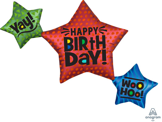 Anagram 39" Happy Birthday Satin Star Trio Foil Balloon